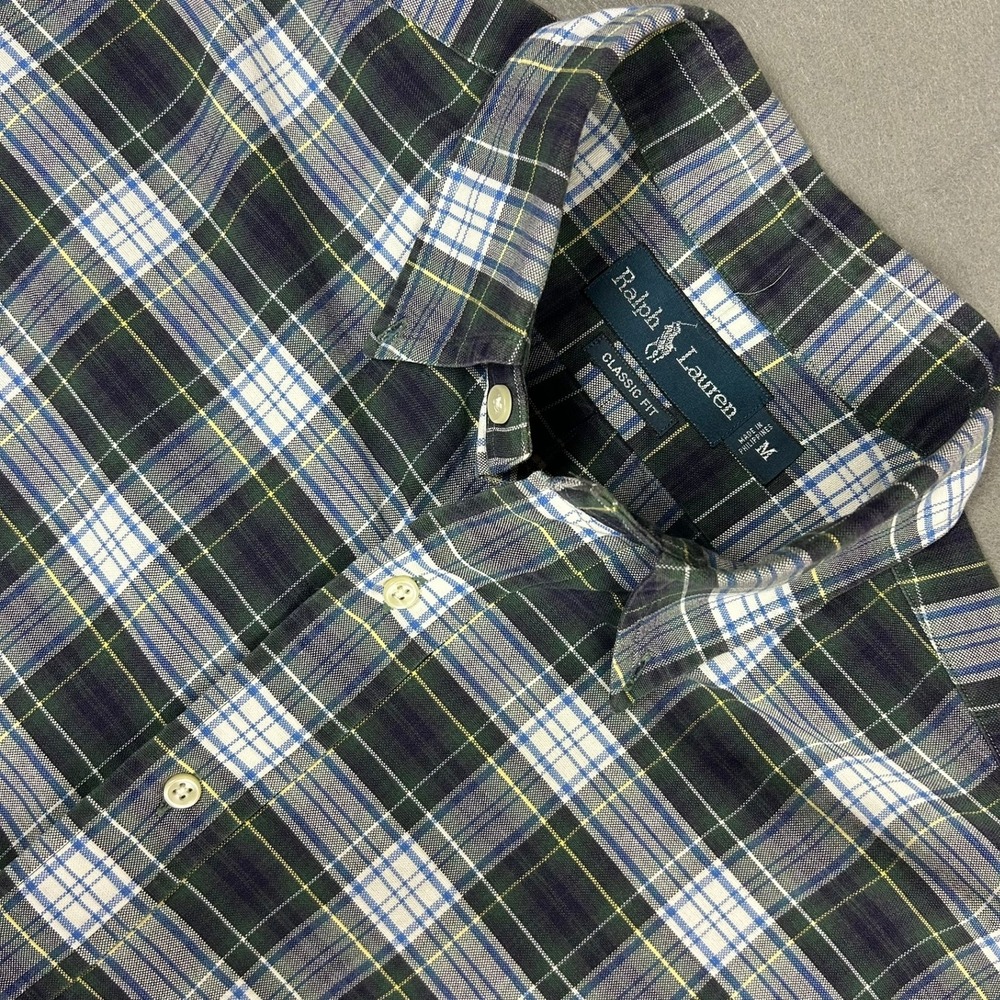 Ralph Lauren Button Down Shirt Plaid Short Sleeve Mens Medium Green